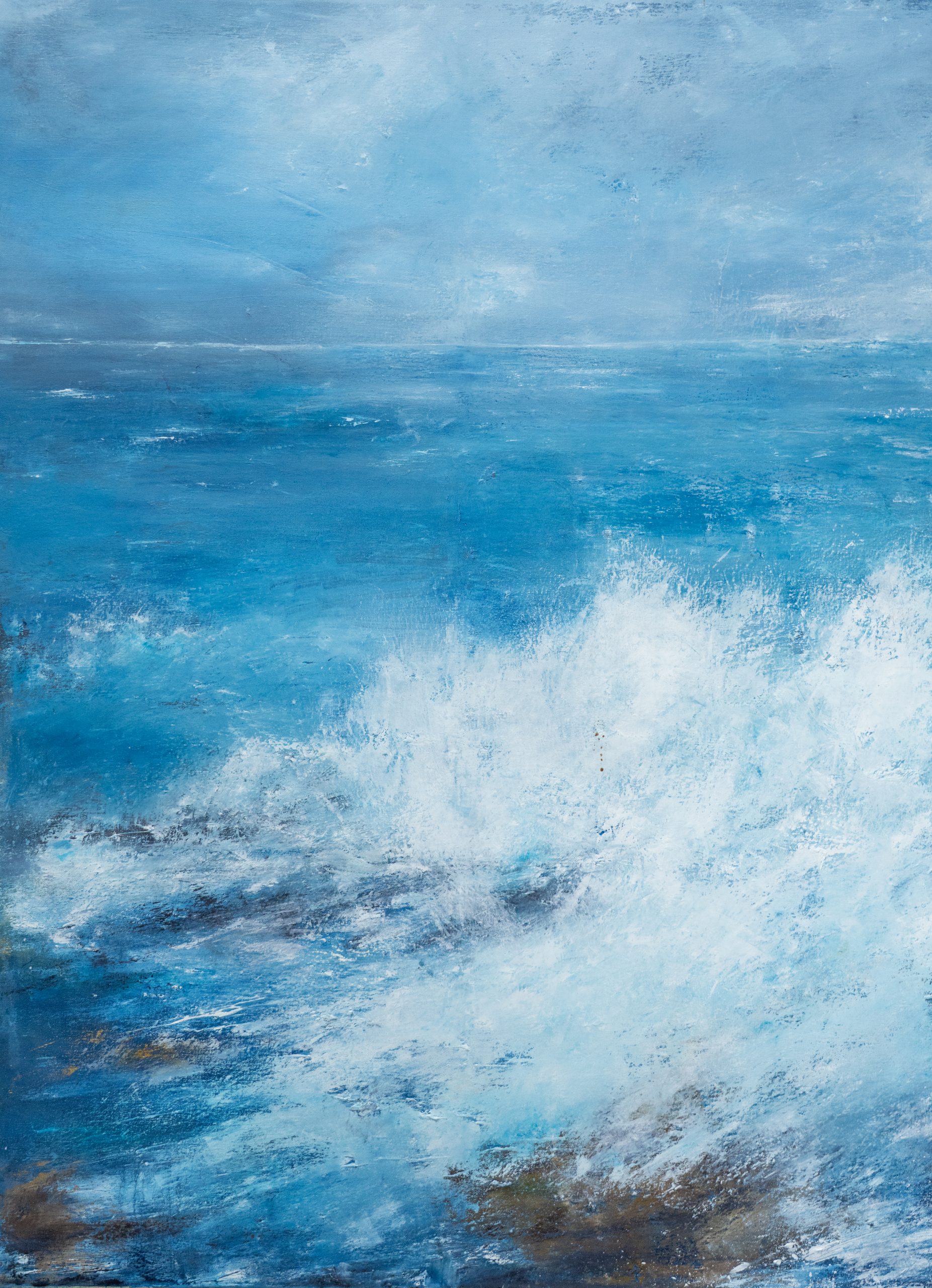September (Diptych) beautiful pair wild Atlantic Way Crashing waves beautiful oil on canvas original paintings Fiona ni Chuinn striking dramatic blues seascape Kilbaha Gallery