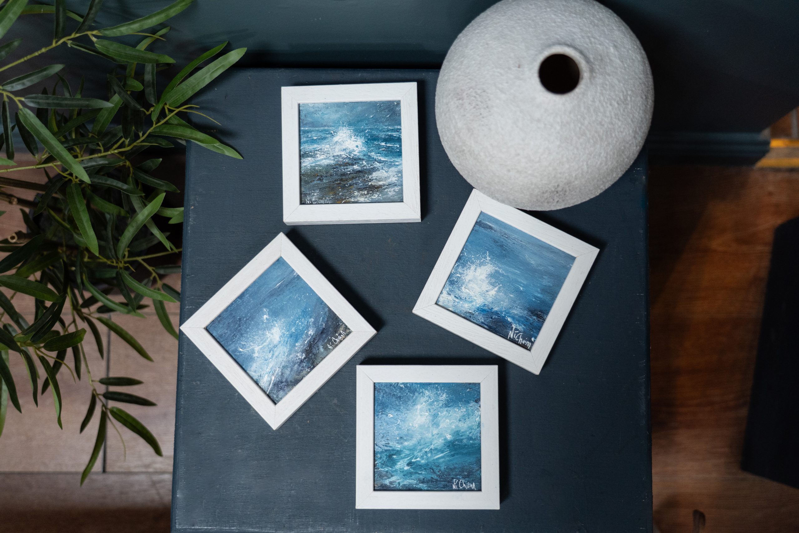 September (Diptych) beautiful pair wild Atlantic Way Crashing waves beautiful oil on canvas original paintings Fiona ni Chuinn striking dramatic blues seascape Kilbaha Gallery