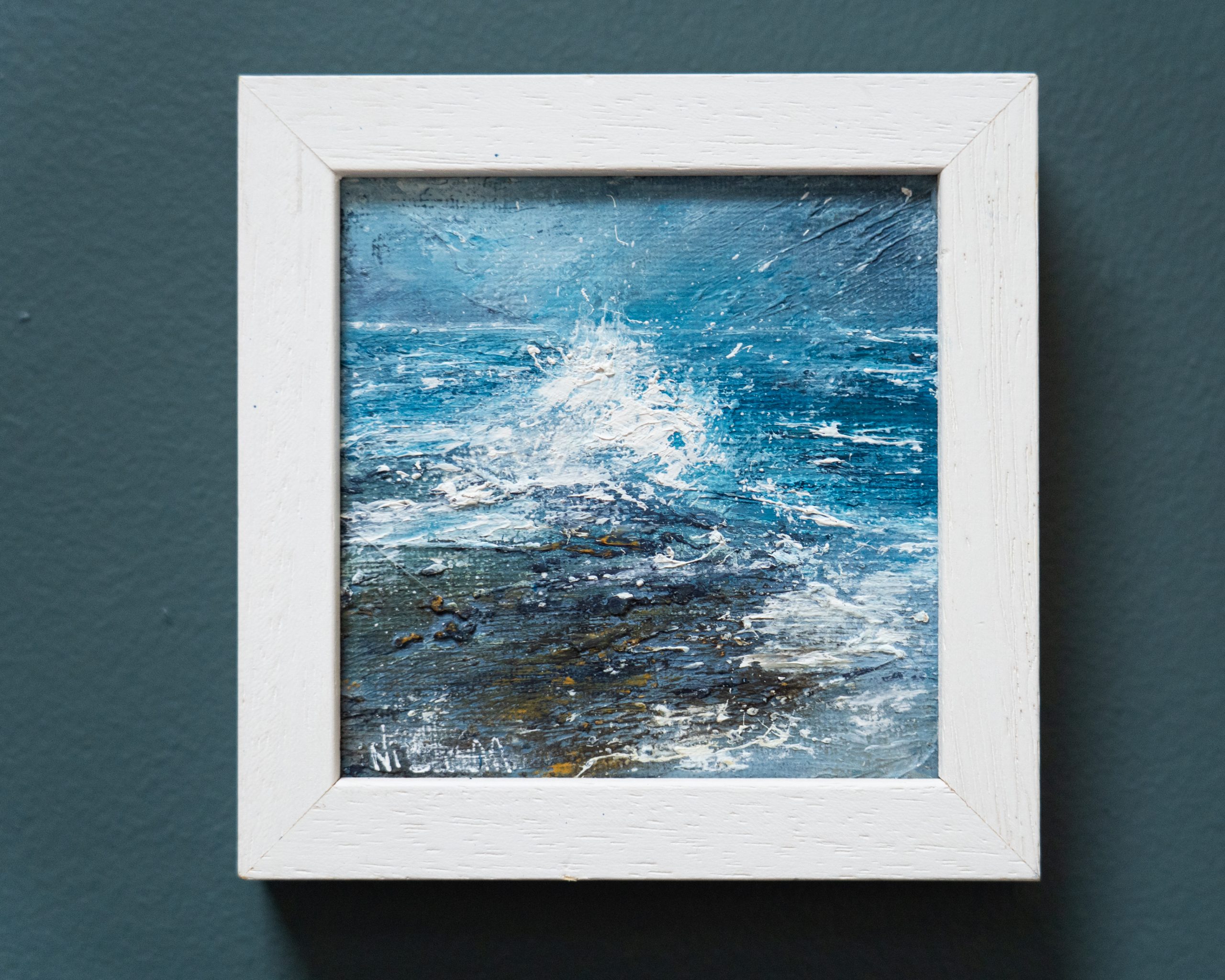 September (Diptych) beautiful pair wild Atlantic Way Crashing waves beautiful oil on canvas original paintings Fiona ni Chuinn striking dramatic blues seascape Kilbaha Gallery