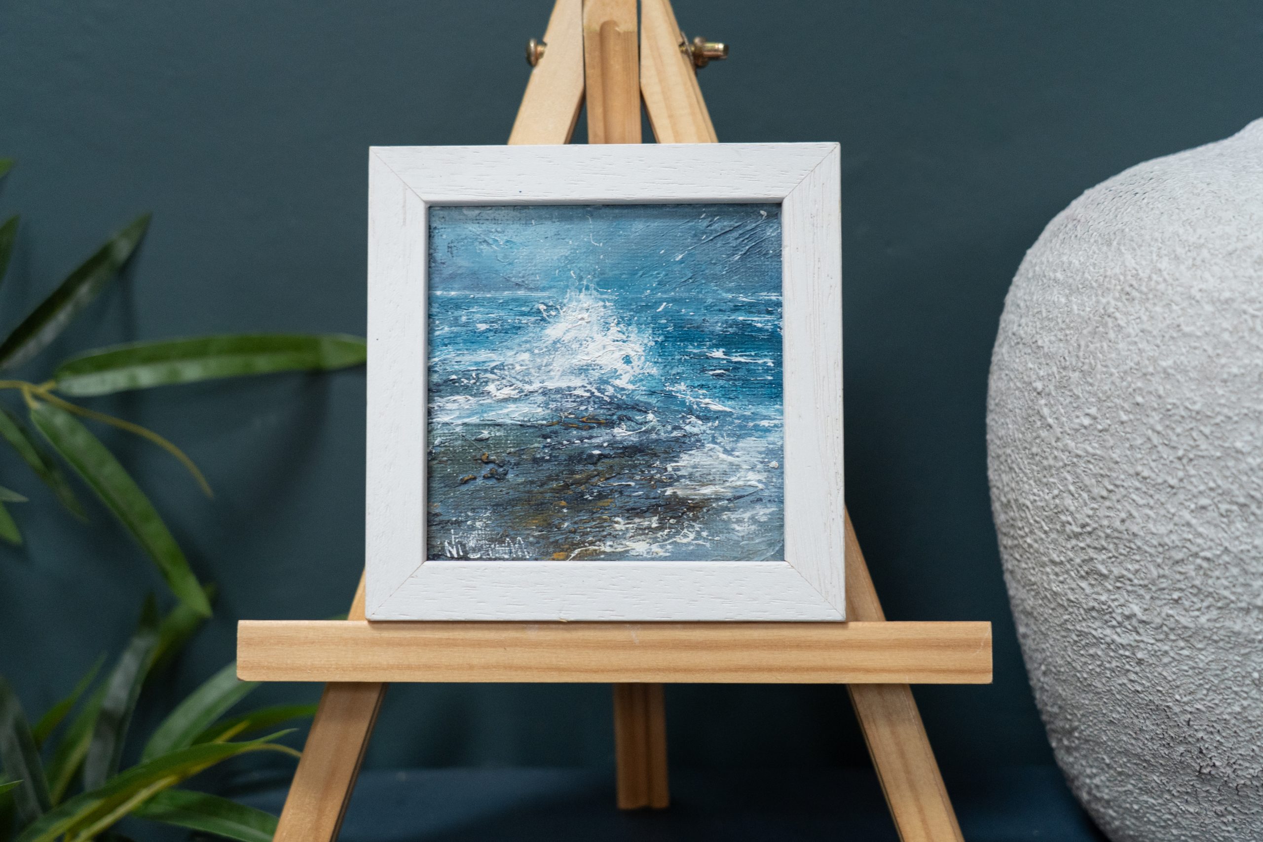 September (Diptych) beautiful pair wild Atlantic Way Crashing waves beautiful oil on canvas original paintings Fiona ni Chuinn striking dramatic blues seascape Kilbaha Gallery