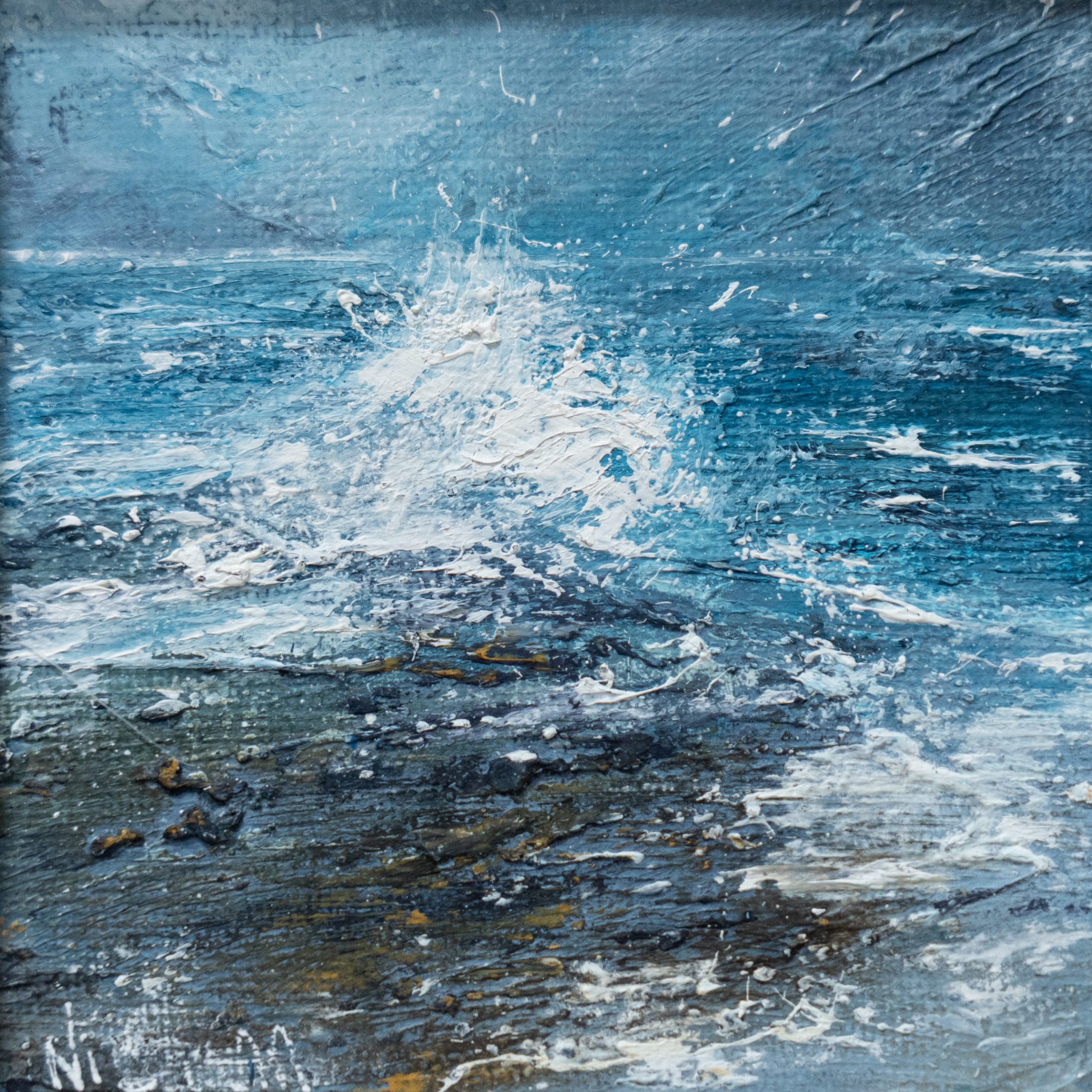 September (Diptych) beautiful pair wild Atlantic Way Crashing waves beautiful oil on canvas original paintings Fiona ni Chuinn striking dramatic blues seascape Kilbaha Gallery