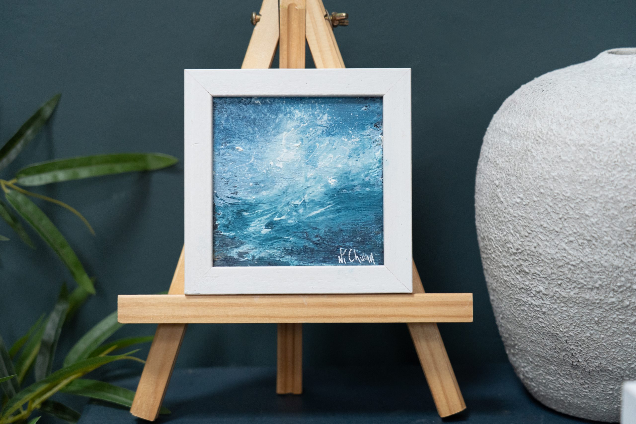 September (Diptych) beautiful pair wild Atlantic Way Crashing waves beautiful oil on canvas original paintings Fiona ni Chuinn striking dramatic blues seascape Kilbaha Gallery