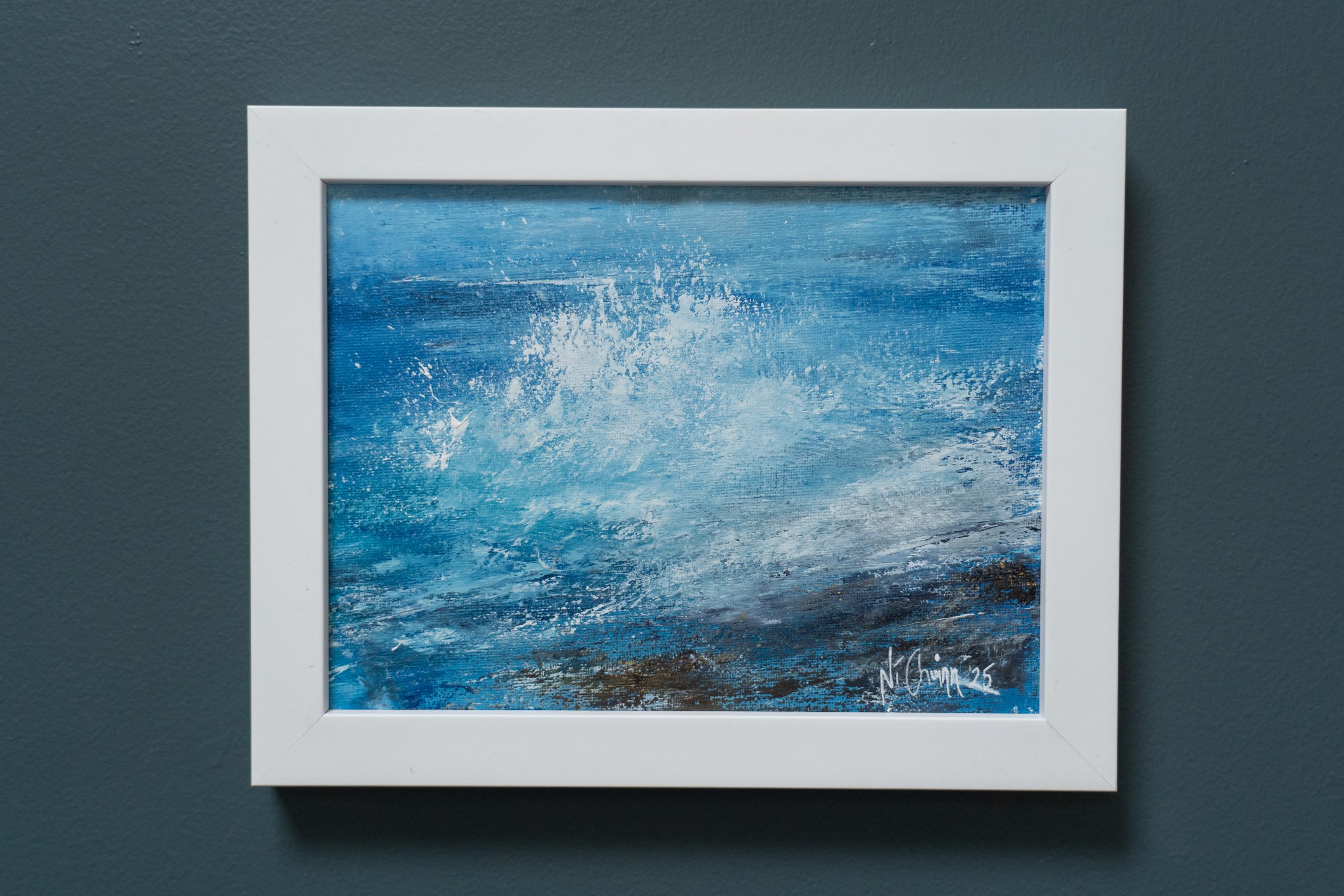 September (Diptych) beautiful pair wild Atlantic Way Crashing waves beautiful oil on canvas original paintings Fiona ni Chuinn striking dramatic blues seascape Kilbaha Gallery