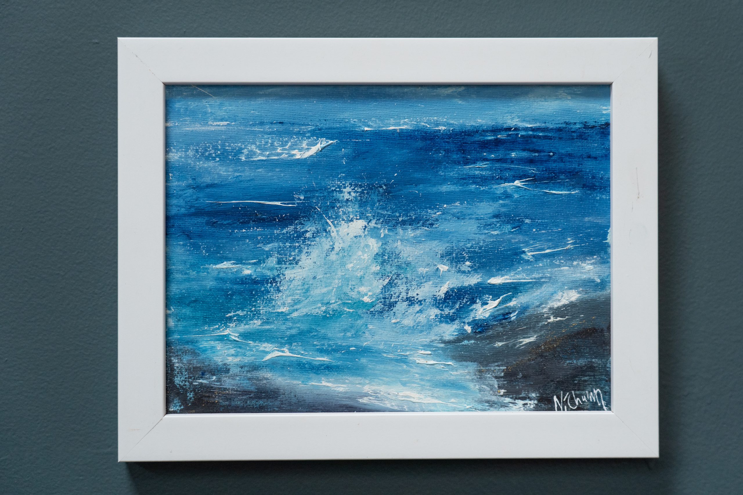 September (Diptych) beautiful pair wild Atlantic Way Crashing waves beautiful oil on canvas original paintings Fiona ni Chuinn striking dramatic blues seascape Kilbaha Gallery