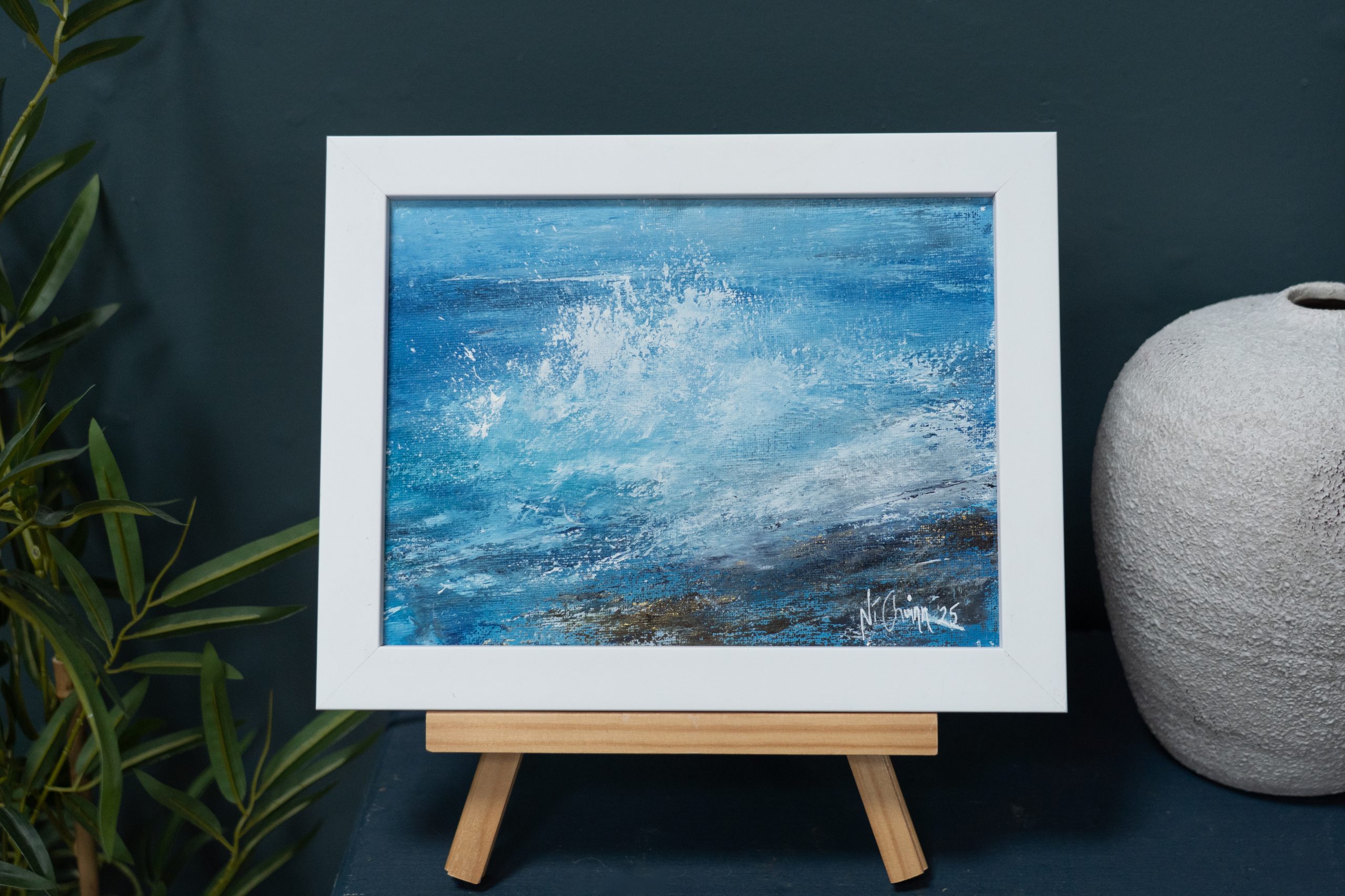 September (Diptych) beautiful pair wild Atlantic Way Crashing waves beautiful oil on canvas original paintings Fiona ni Chuinn striking dramatic blues seascape Kilbaha Gallery