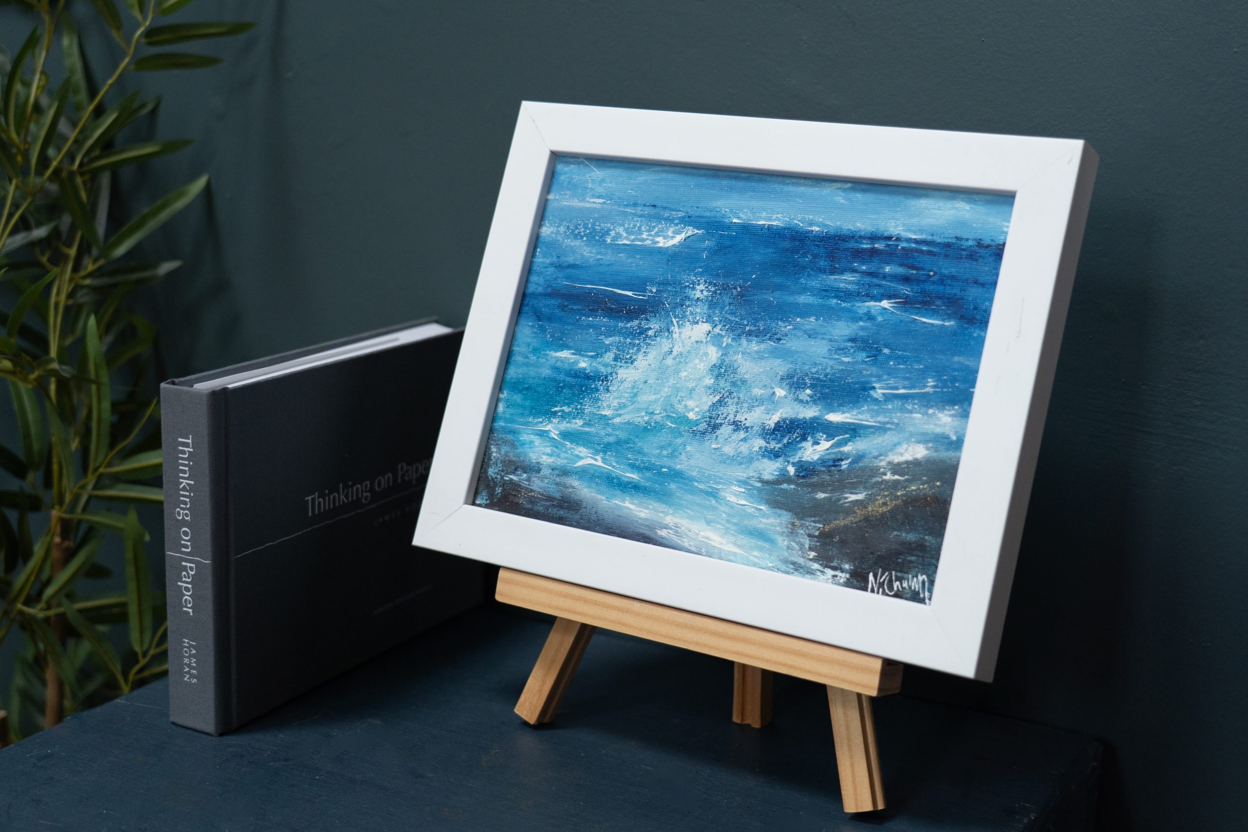 September (Diptych) beautiful pair wild Atlantic Way Crashing waves beautiful oil on canvas original paintings Fiona ni Chuinn striking dramatic blues seascape Kilbaha Gallery