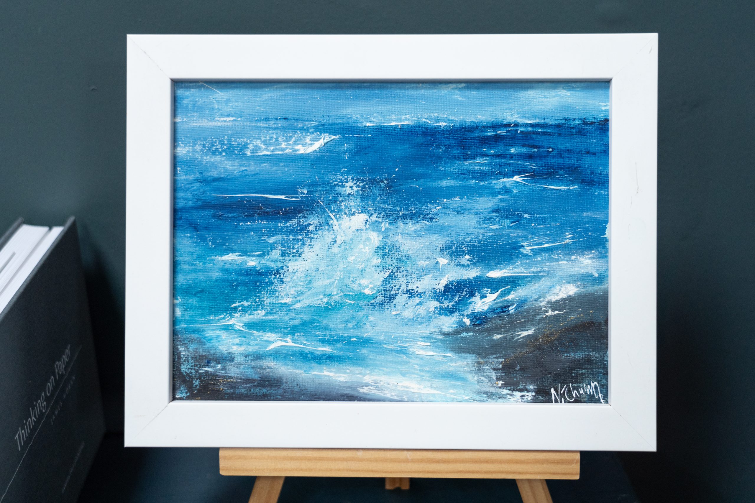 September (Diptych) beautiful pair wild Atlantic Way Crashing waves beautiful oil on canvas original paintings Fiona ni Chuinn striking dramatic blues seascape Kilbaha Gallery