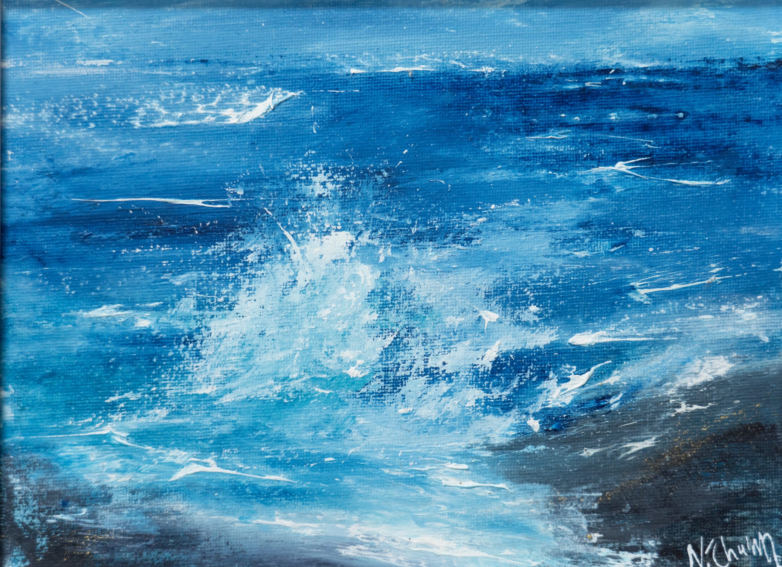 September (Diptych) beautiful pair wild Atlantic Way Crashing waves beautiful oil on canvas original paintings Fiona ni Chuinn striking dramatic blues seascape Kilbaha Gallery