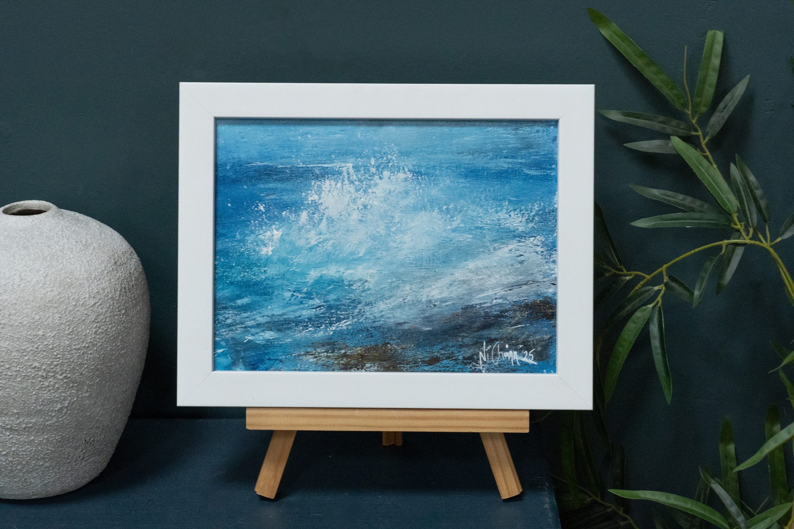 September (Diptych) beautiful pair wild Atlantic Way Crashing waves beautiful oil on canvas original paintings Fiona ni Chuinn striking dramatic blues seascape Kilbaha Gallery