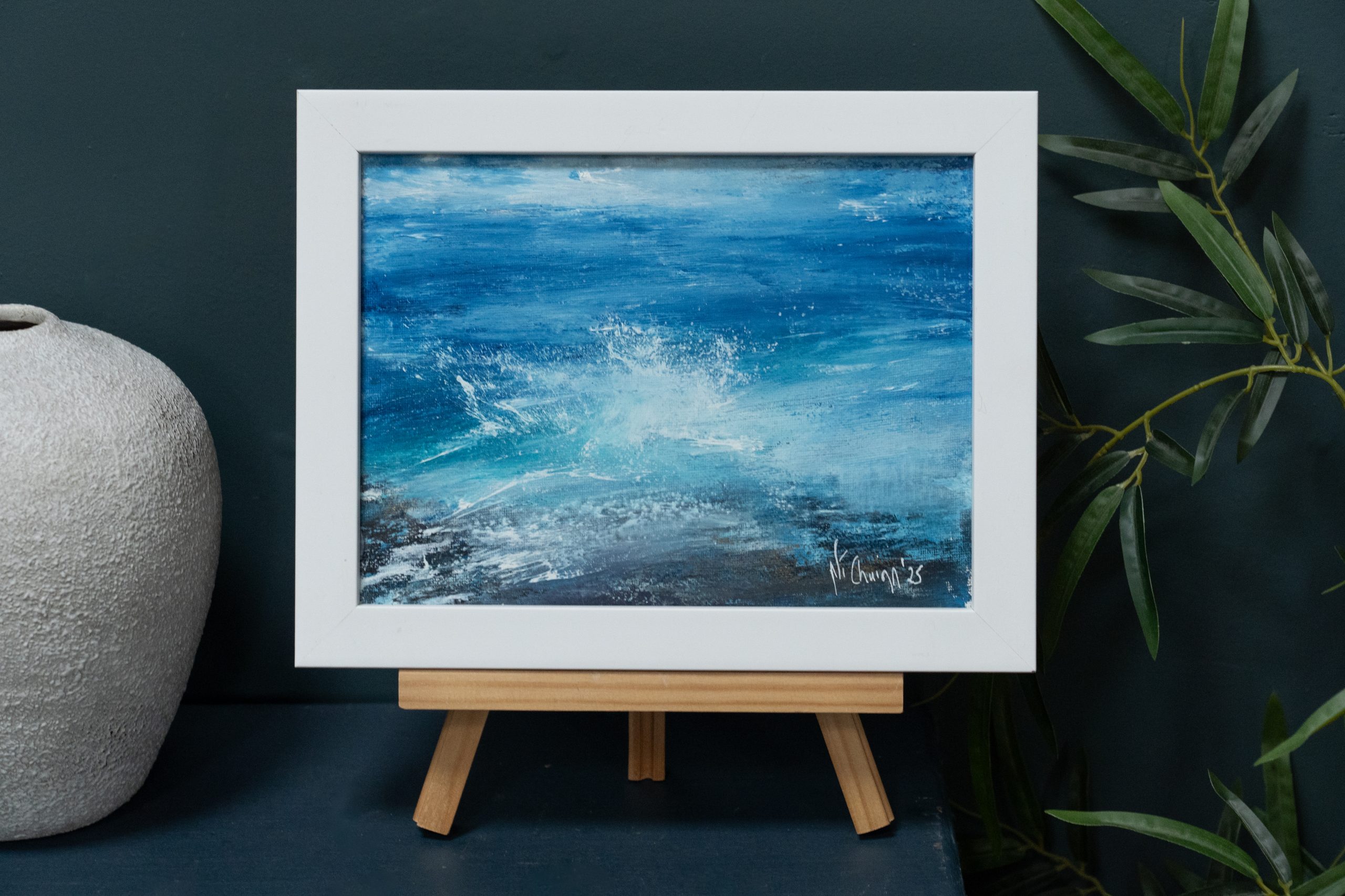 September (Diptych) beautiful pair wild Atlantic Way Crashing waves beautiful oil on canvas original paintings Fiona ni Chuinn striking dramatic blues seascape Kilbaha Gallery