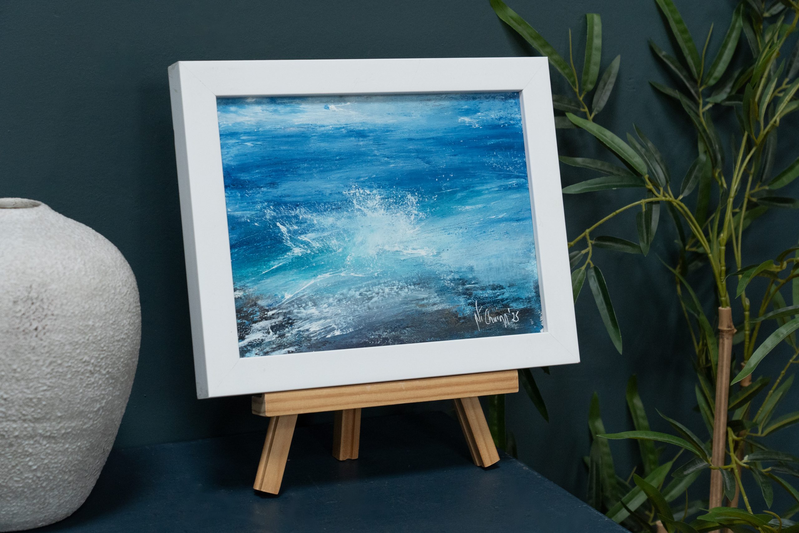 September (Diptych) beautiful pair wild Atlantic Way Crashing waves beautiful oil on canvas original paintings Fiona ni Chuinn striking dramatic blues seascape Kilbaha Gallery