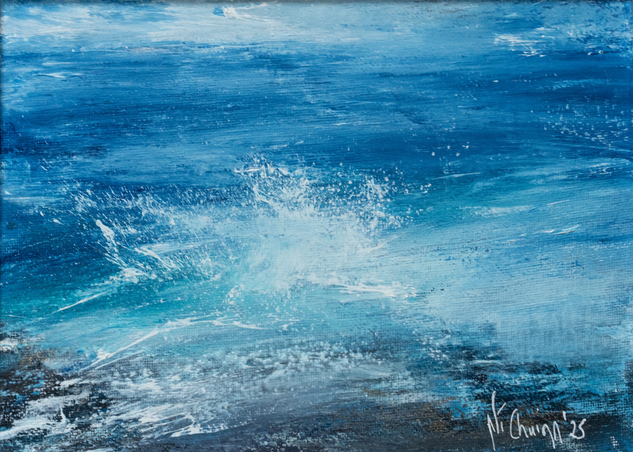 September (Diptych) beautiful pair wild Atlantic Way Crashing waves beautiful oil on canvas original paintings Fiona ni Chuinn striking dramatic blues seascape Kilbaha Gallery