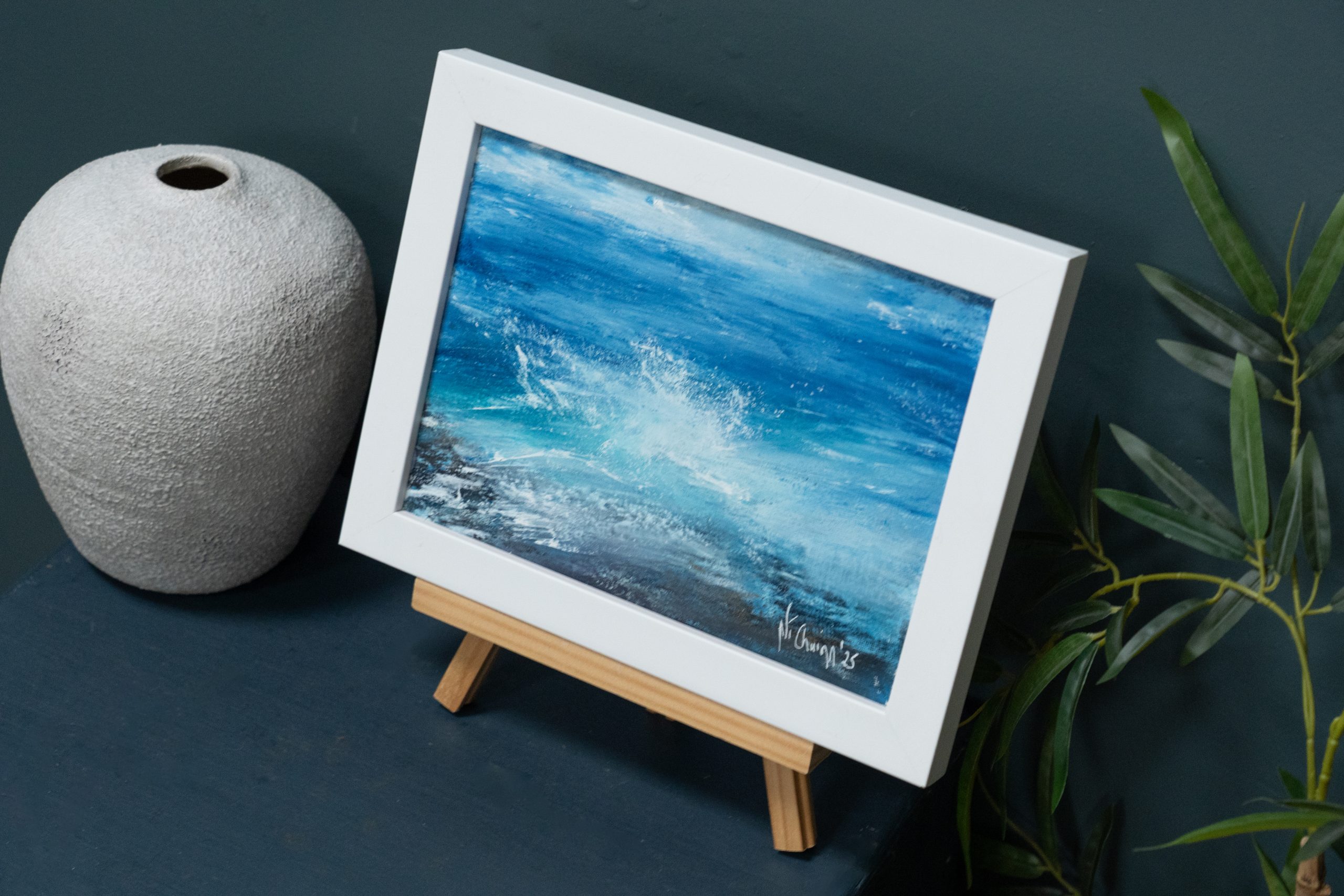 September (Diptych) beautiful pair wild Atlantic Way Crashing waves beautiful oil on canvas original paintings Fiona ni Chuinn striking dramatic blues seascape Kilbaha Gallery