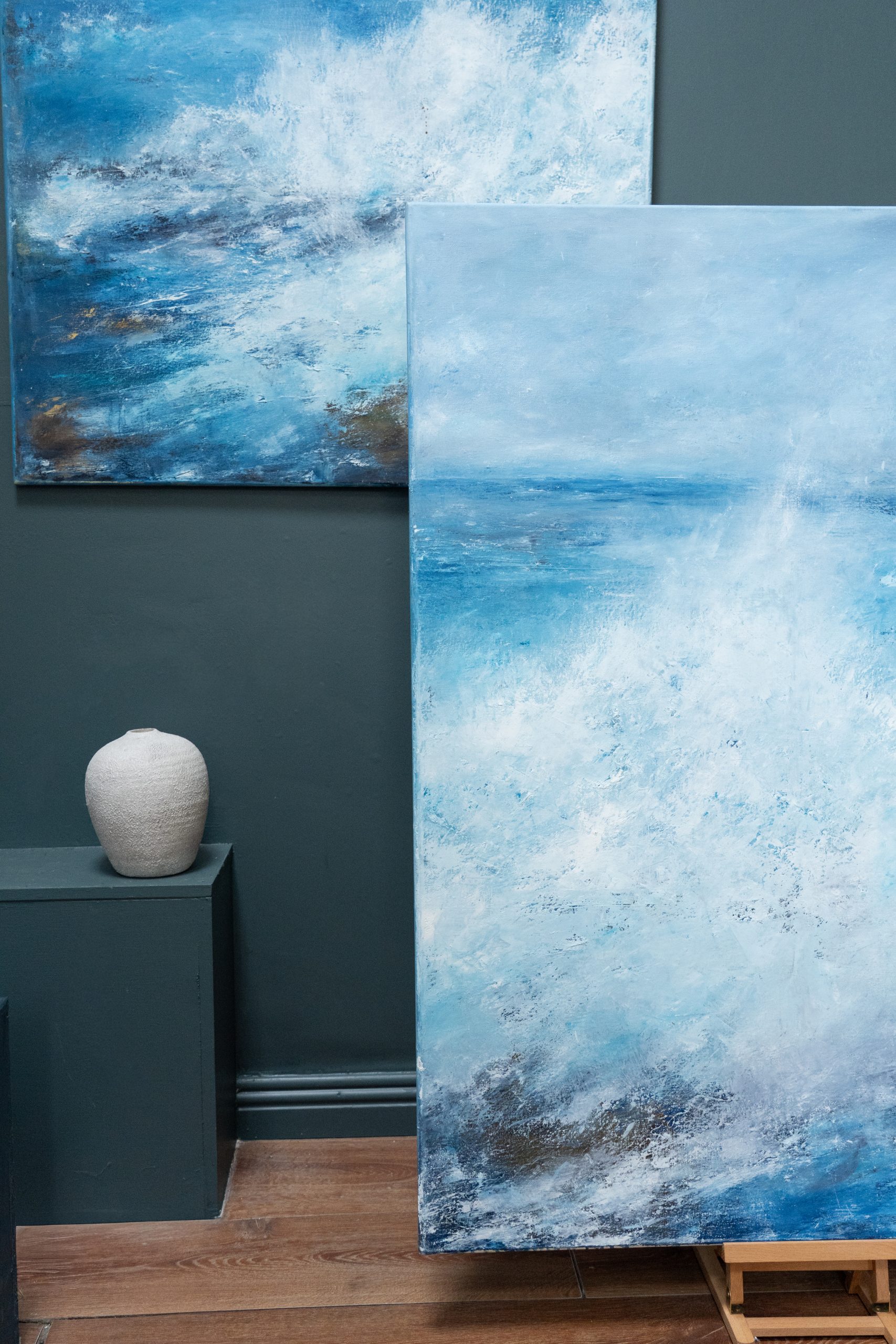 September (Diptych) beautiful pair wild Atlantic Way Crashing waves beautiful oil on canvas original paintings Fiona ni Chuinn striking dramatic blues seascape Kilbaha Gallery