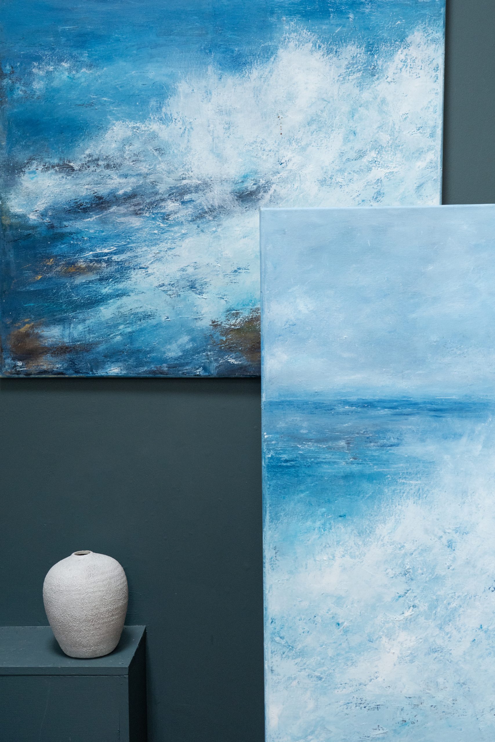 September (Diptych) beautiful pair wild Atlantic Way Crashing waves beautiful oil on canvas original paintings Fiona ni Chuinn striking dramatic blues seascape Kilbaha Gallery