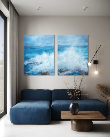 September (Diptych) beautiful pair wild Atlantic Way Crashing waves beautiful oil on canvas original paintings Fiona ni Chuinn striking dramatic blues seascape Kilbaha Gallery