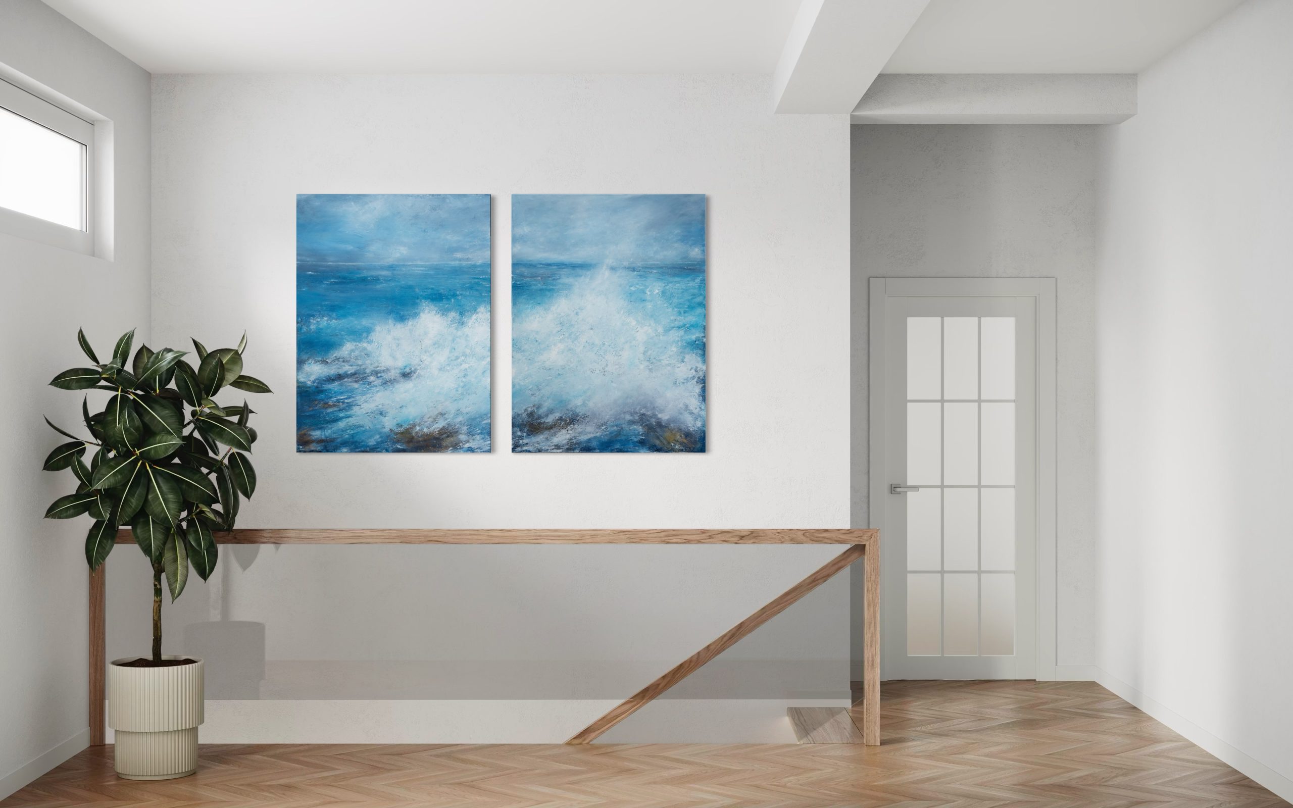 September (Diptych) beautiful pair wild Atlantic Way Crashing waves beautiful oil on canvas original paintings Fiona ni Chuinn striking dramatic blues seascape Kilbaha Gallery