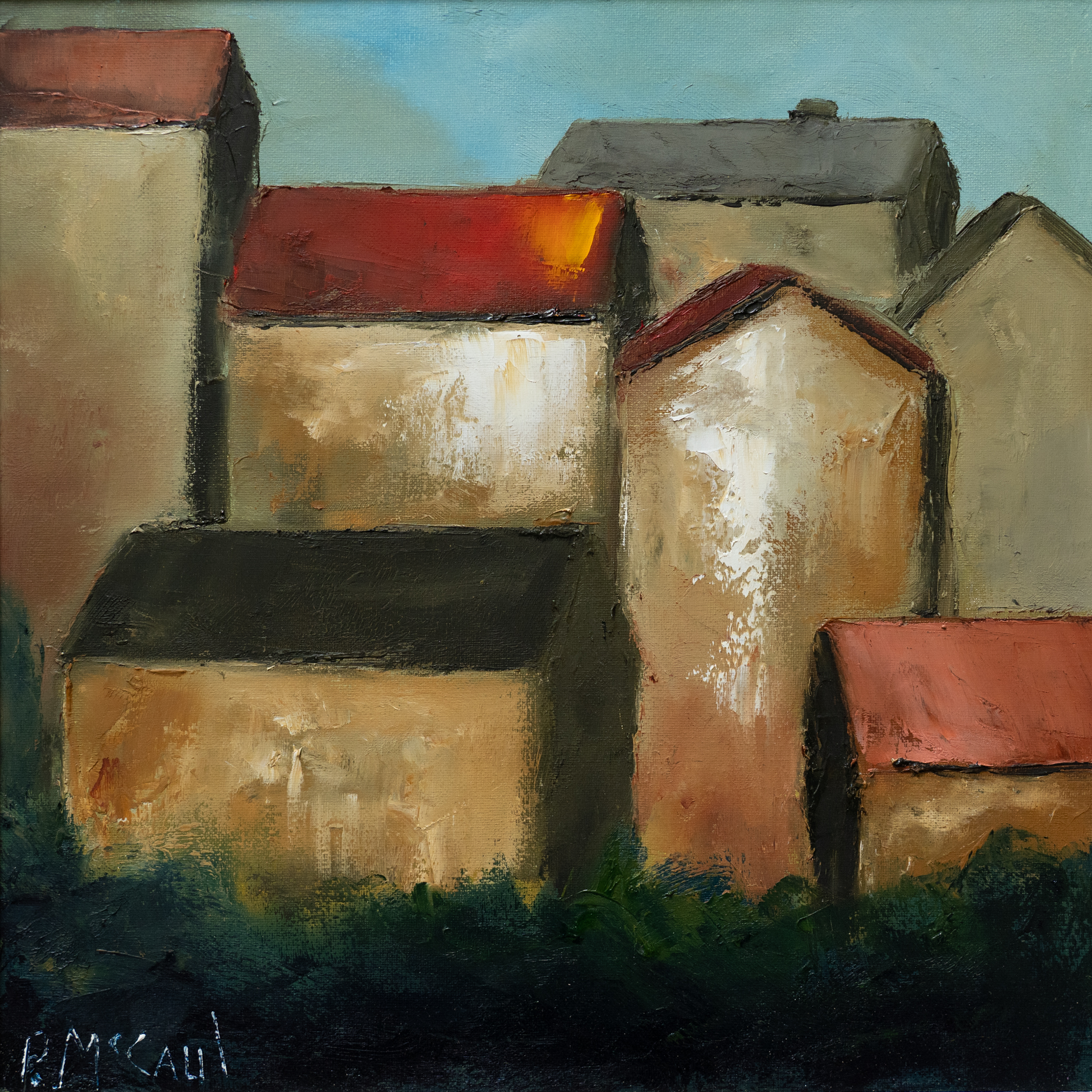 Padraig McCaul West Coast of Ireland Cottage Rural Ireland original Irish art beautiful oil painting signature colours vivid colour palette striking work interiors kilbaha Gallery rooftops