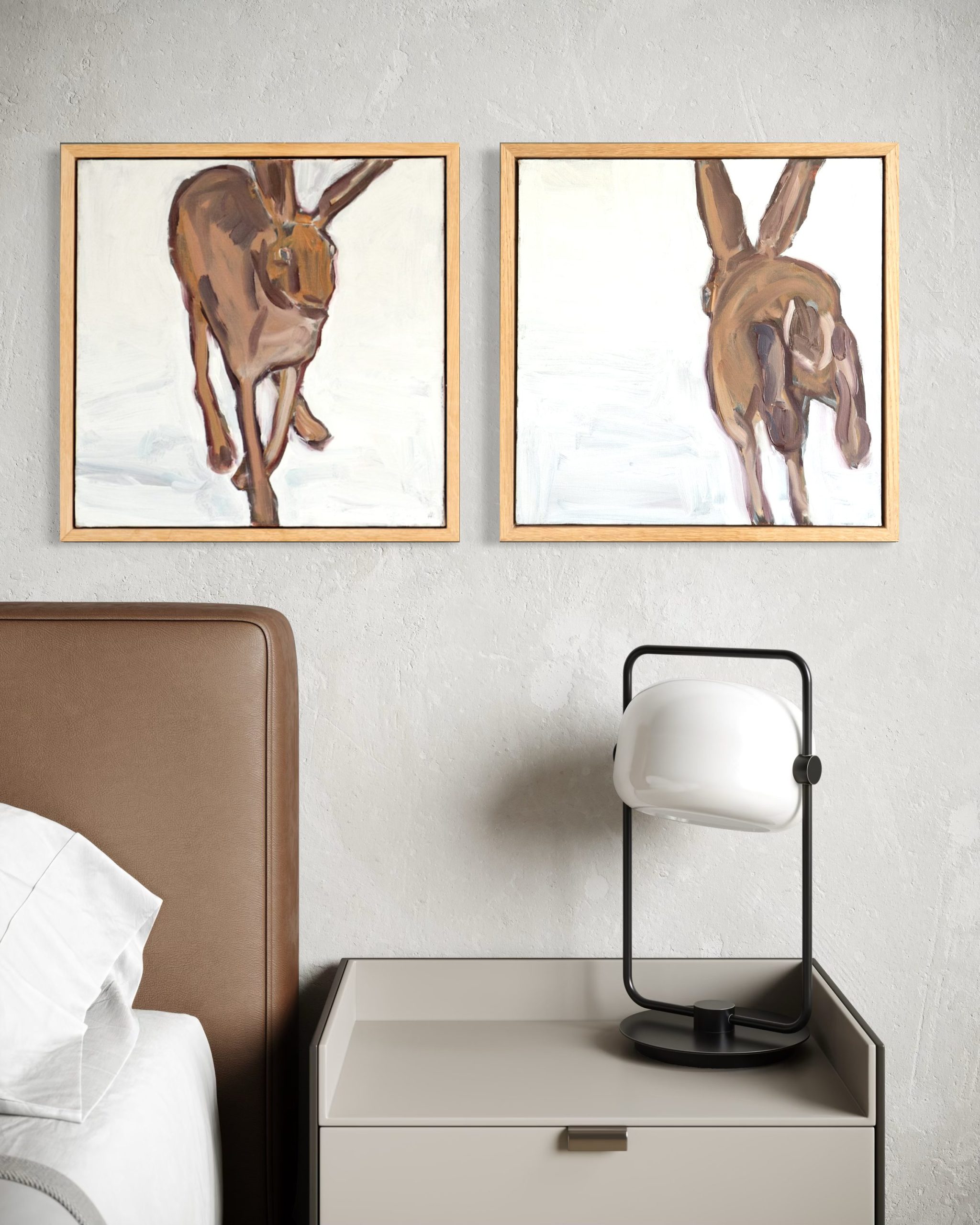 Snow Runners Hare paintings Original art oil painting Kaye Maahs Hare front and back brown on white kilbaha gallery Ireland